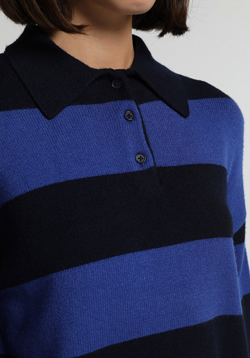 Regular Fit Polo Yaka Çizgili Kadın Lacivert Kazak