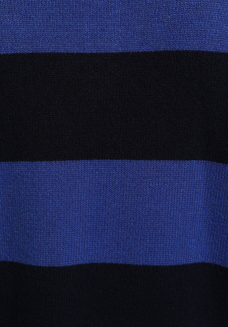 Regular Fit Polo Yaka Çizgili Kadın Lacivert Kazak