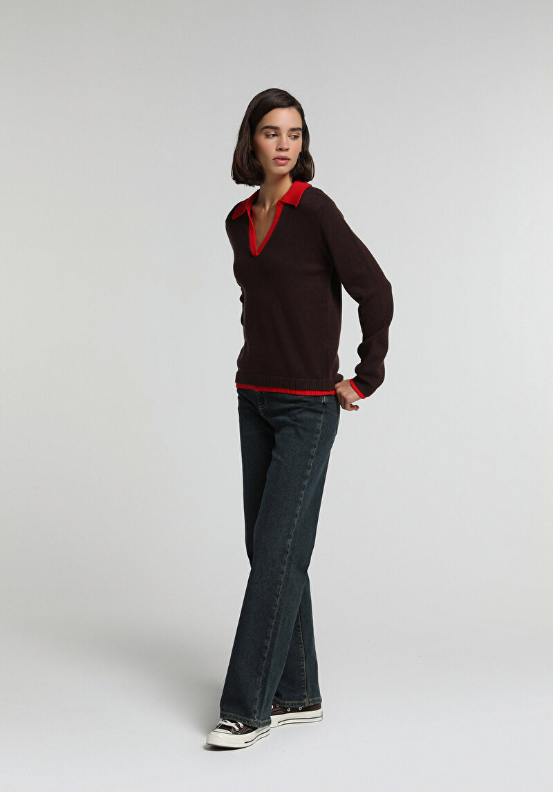 Slim Fit Polo Yaka Düz Kadın Kahverengi Kazak