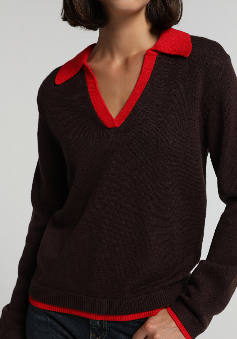 Slim Fit Polo Yaka Düz Kadın Kahverengi Kazak