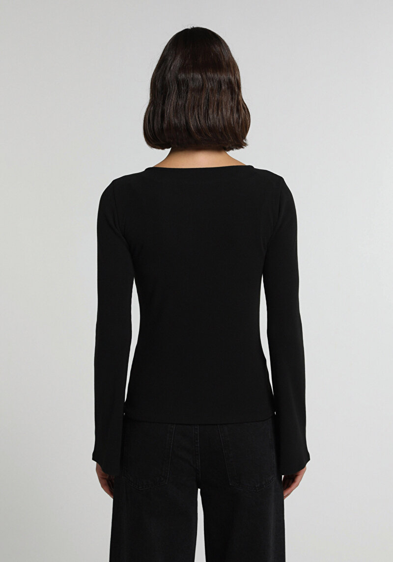 Slim Fit Yuvarlak Yaka Düz Kadın Siyah Uzun Kol Tişört