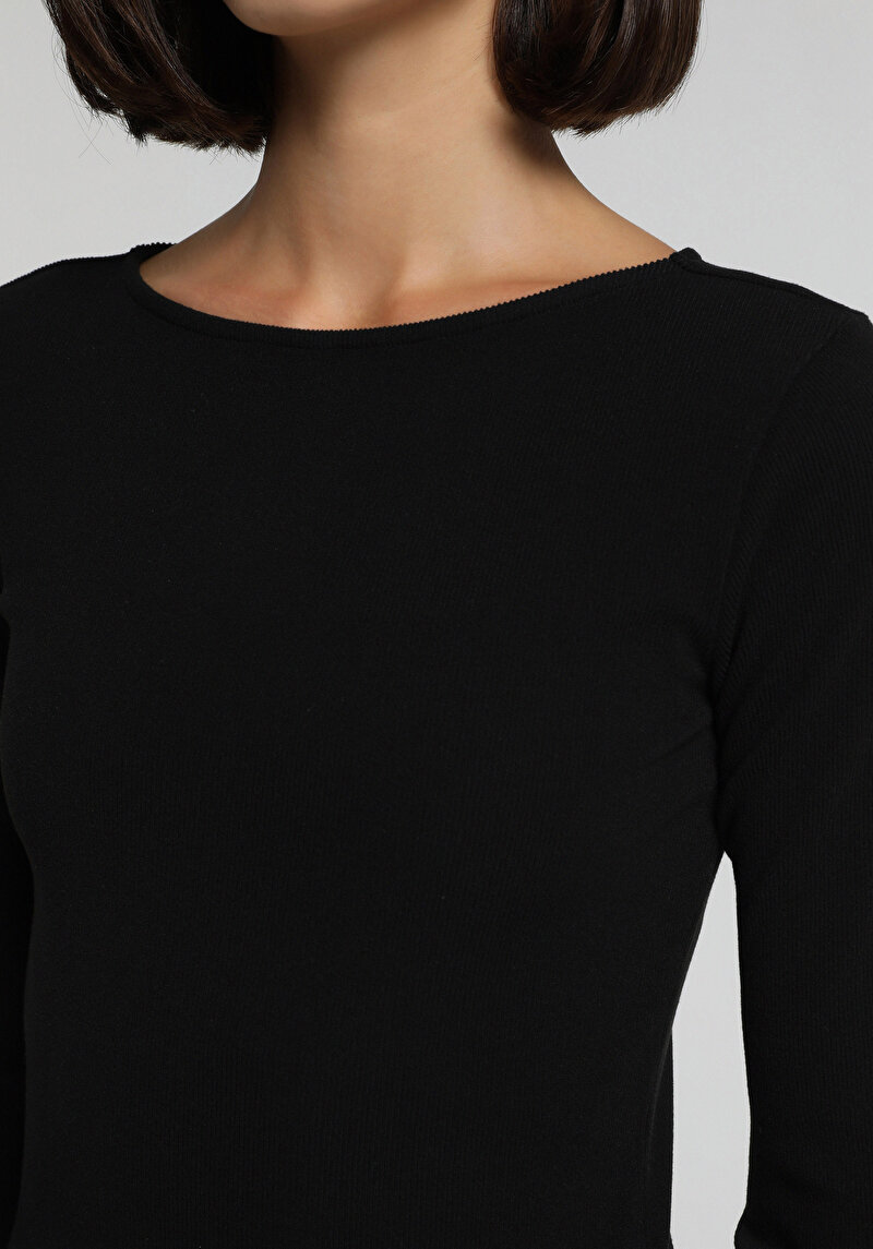 Slim Fit Yuvarlak Yaka Düz Kadın Siyah Uzun Kol Tişört