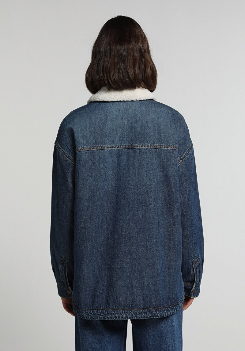 Oversize Fit Çıtçıtlı Astarsız Kürklü Kadın Dark İndigo Denim Ceket