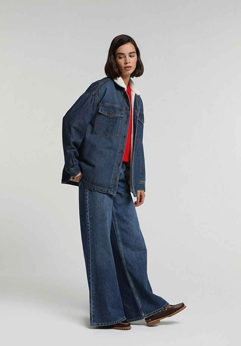 Oversize Fit Çıtçıtlı Astarsız Kürklü Kadın Dark İndigo Denim Ceket
