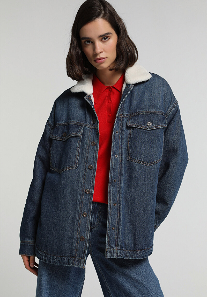 Oversize Fit Çıtçıtlı Astarsız Kürklü Kadın Dark İndigo Denim Ceket