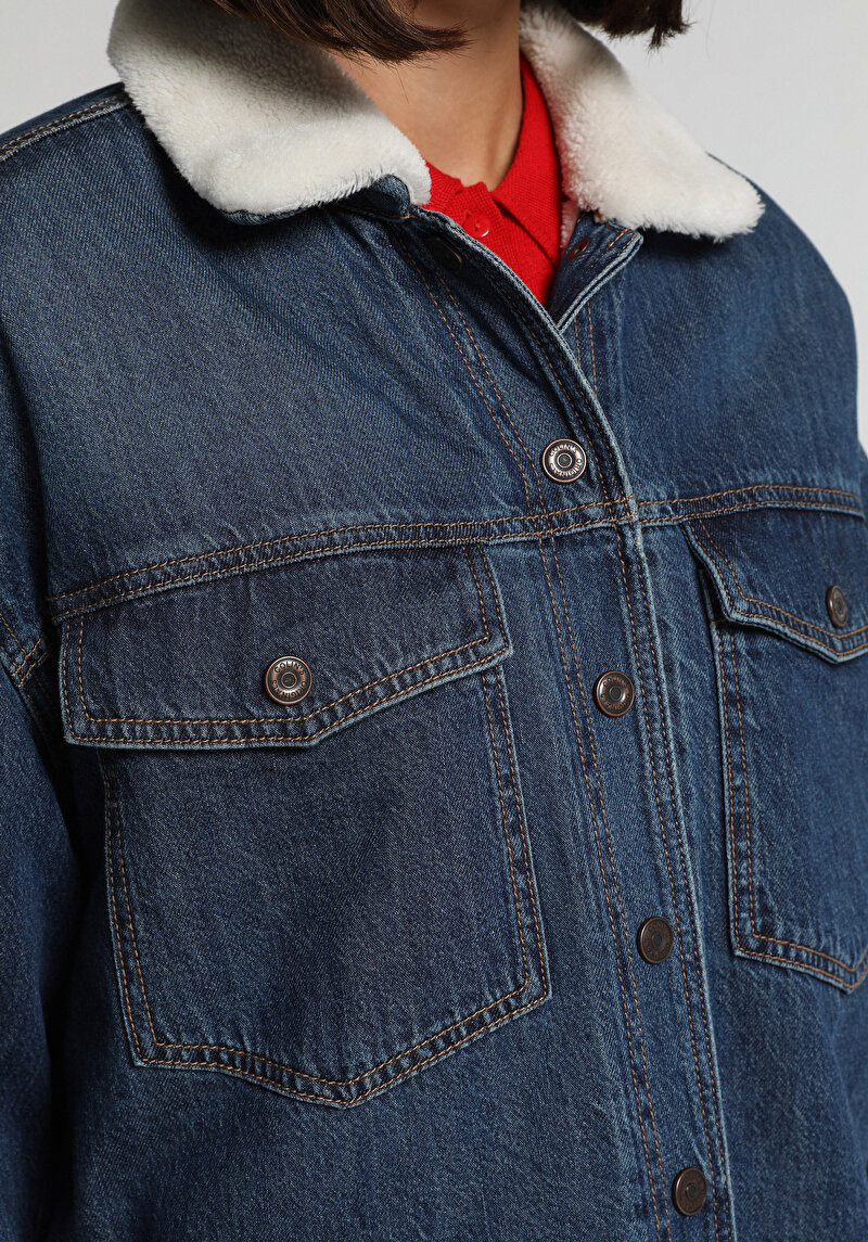 Oversize Fit Çıtçıtlı Astarsız Kürklü Kadın Dark İndigo Denim Ceket