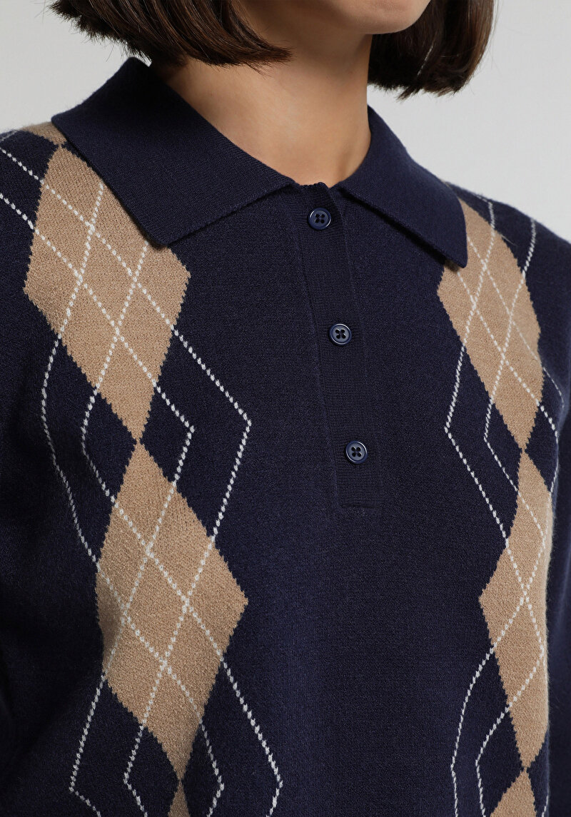 Regular Fit Polo Yaka Jakarlı Kadın Lacivert Kazak
