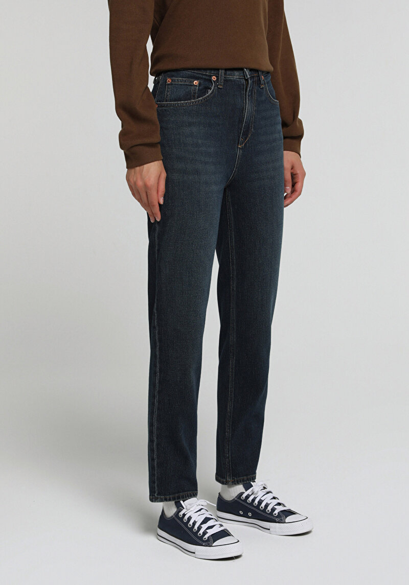 Mom Fit   Kadın Dark İndigo Denim Jean Pantolon