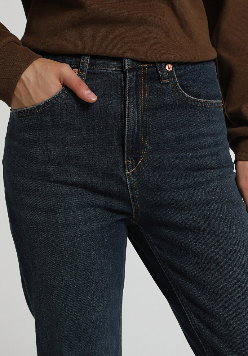 Mom Fit   Kadın Dark İndigo Denim Jean Pantolon