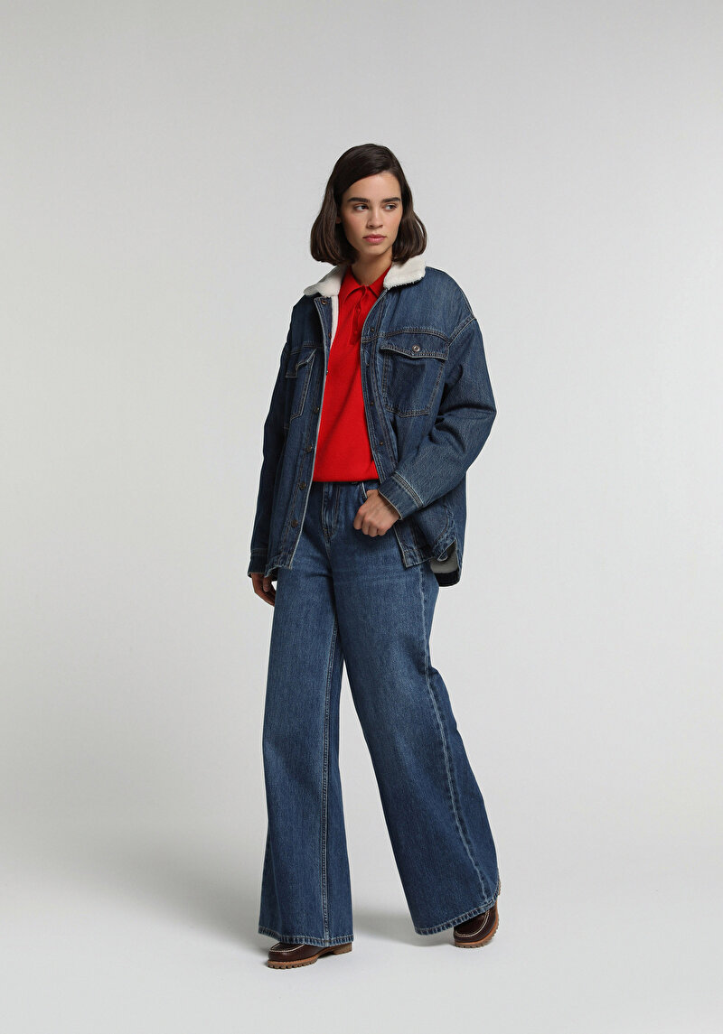 Super Wide Leg Fit Kadın Mid İndigo Denim Jean Pantolon