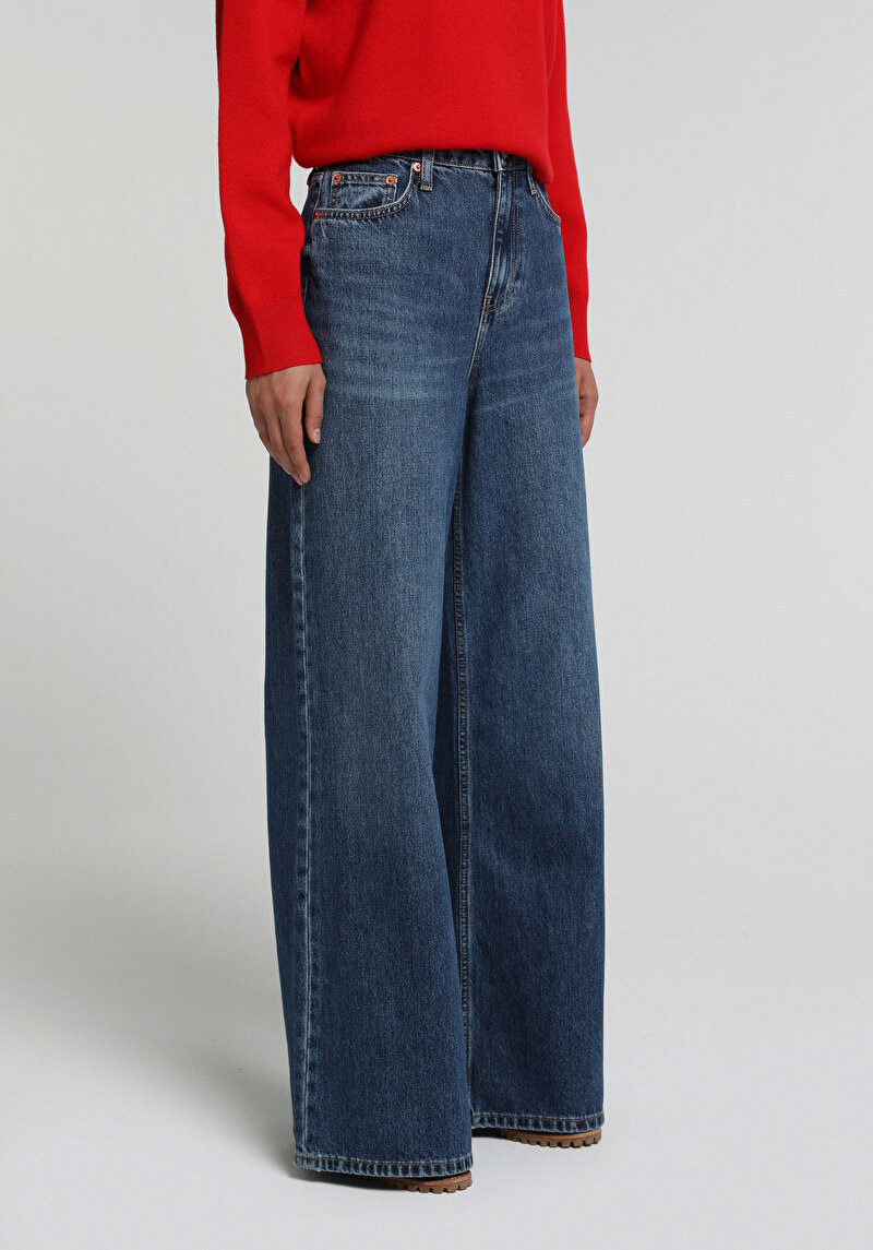 Super Wide Leg Fit   Kadın Mid İndigo Denim Jean Pantolon