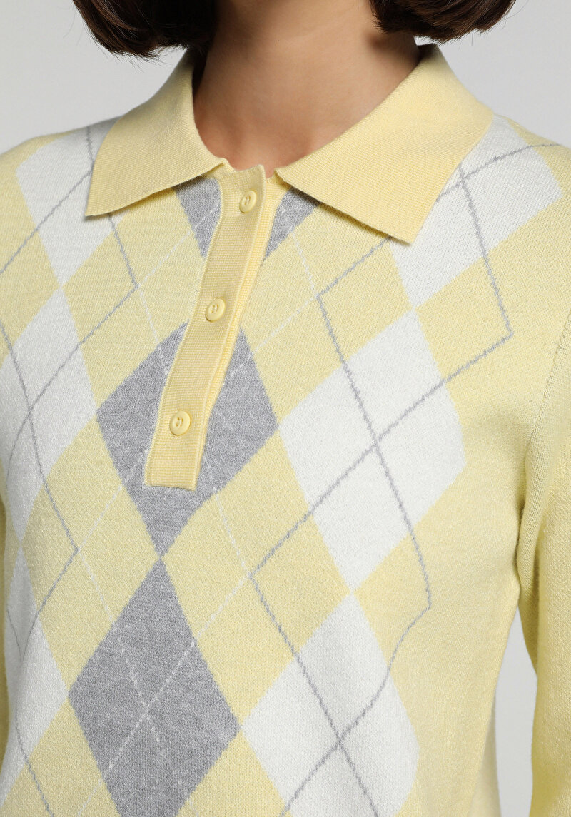 Regular Fit Polo Yaka Jakarlı Kadın Sari Kazak