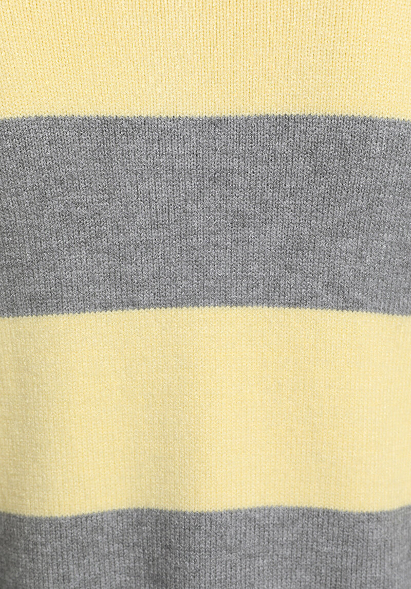Regular Fit Polo Yaka Çizgili Kadın Gri Kazak