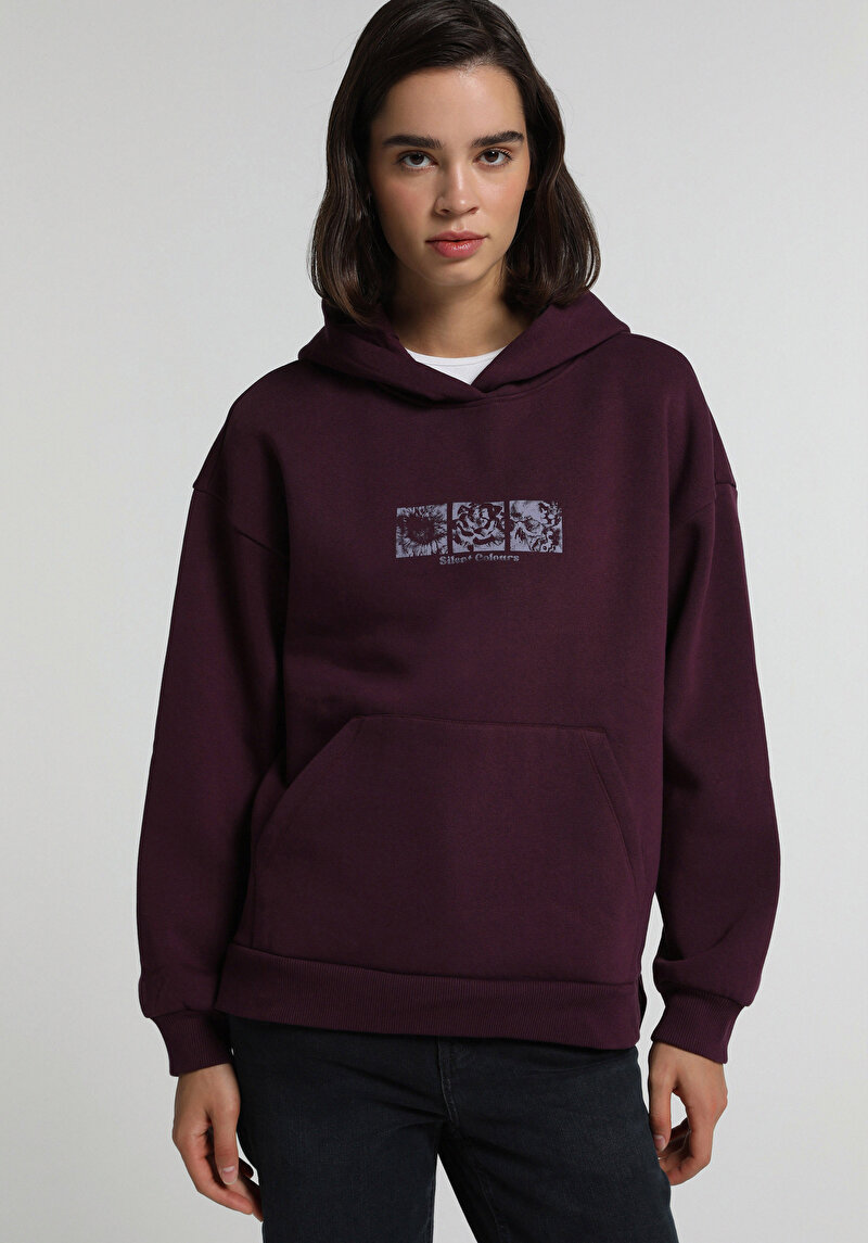 Relax Fit Kapüşonlu Baskılı Kadın Mor Sweatshirt