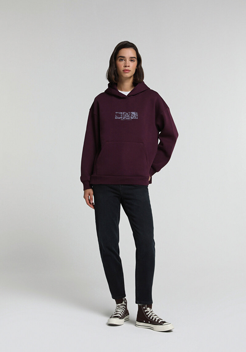 Relax Fit Kapüşonlu Baskılı Kadın Mor Sweatshirt