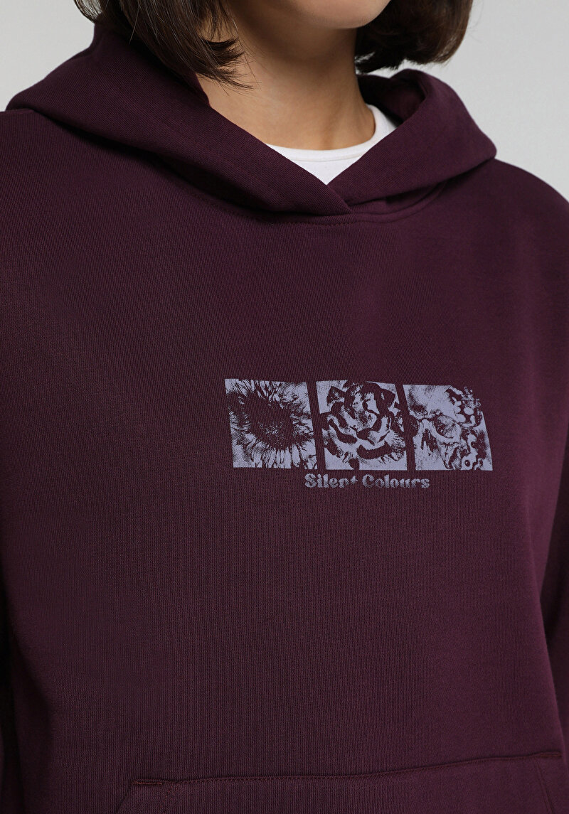 Relax Fit Kapüşonlu Baskılı Kadın Mor Sweatshirt