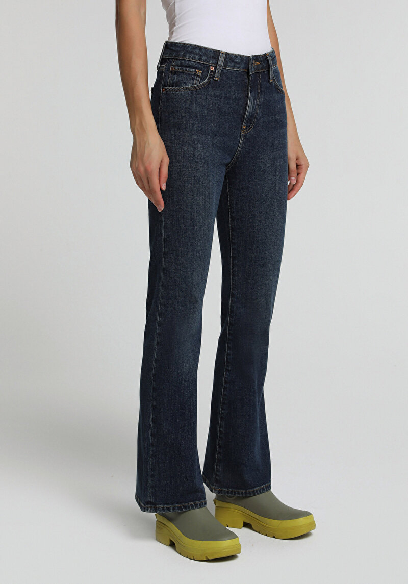 Flare Fit Kadın Mid İndigo Denim Jean Pantolon