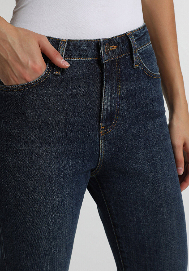 Flare Fit   Kadın Mid İndigo Denim Jean Pantolon