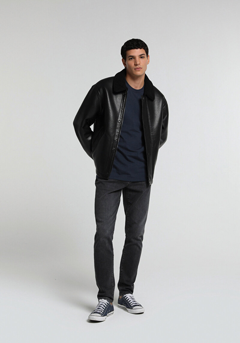Regular Fit Shirt Neck Fermuarlı Astarlı Erkek Siyah Mont Pu