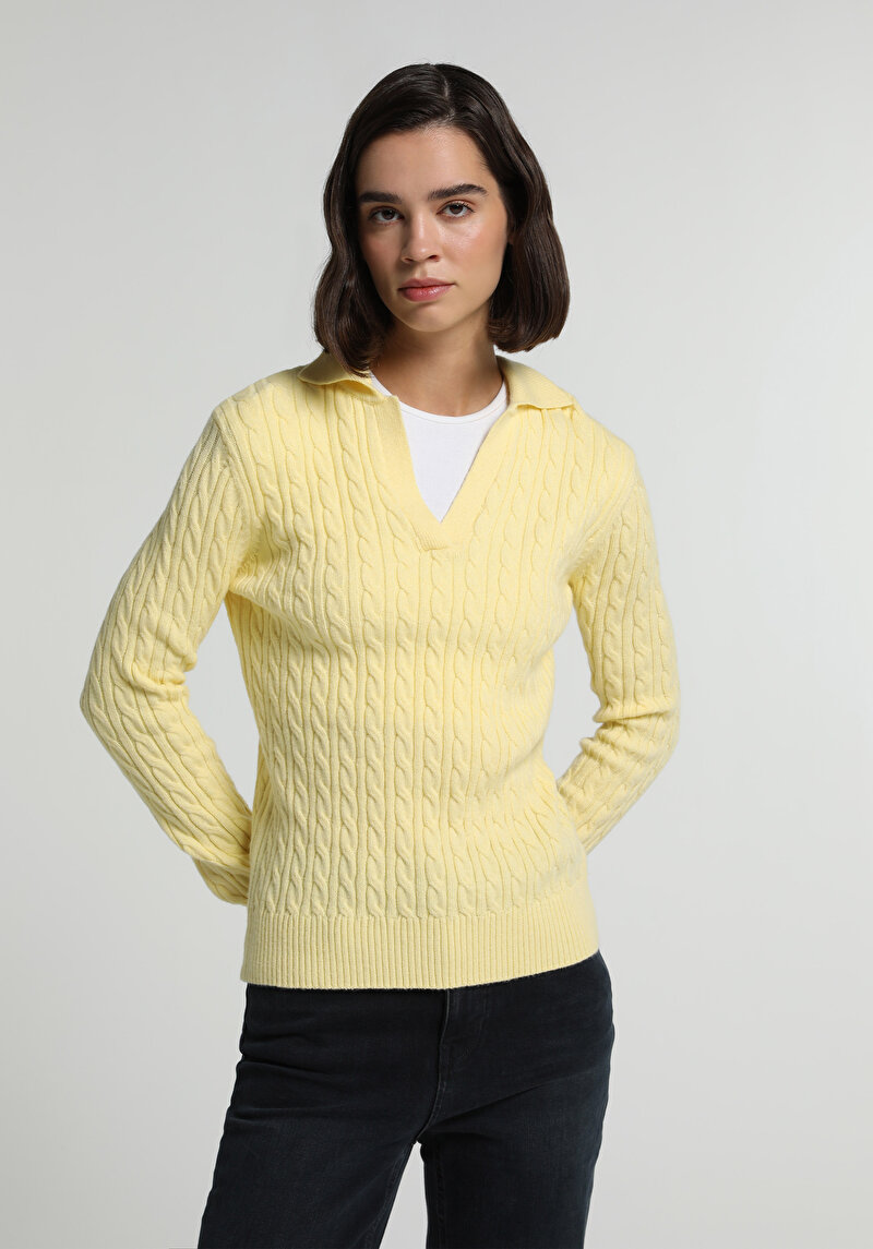 Regular Fit Polo Yaka Düz Kadın Sari Kazak