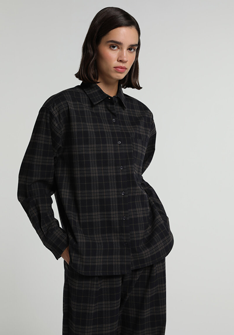 Boyfriend Fit Shirt Neck Ekoseli Kadın Antrasit Uzun Kol Gömlek
