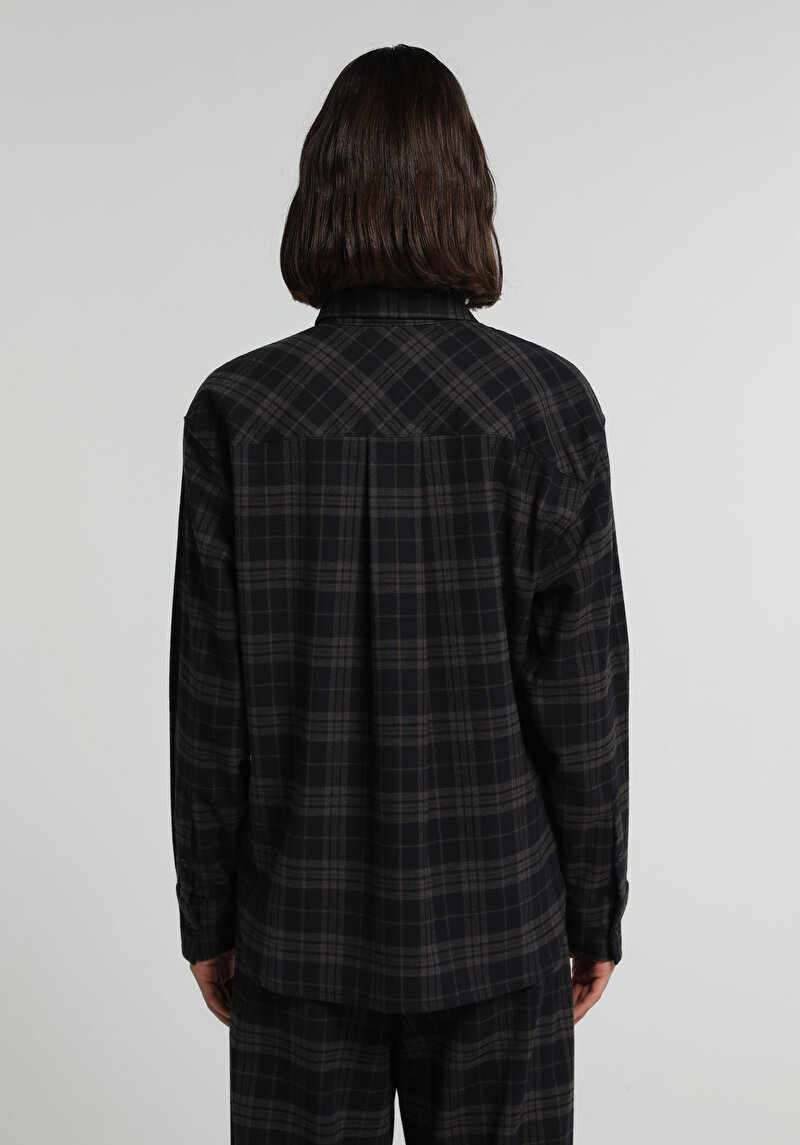 Boyfriend Fit Shirt Neck Ekoseli Kadın Antrasit Uzun Kol Gömlek