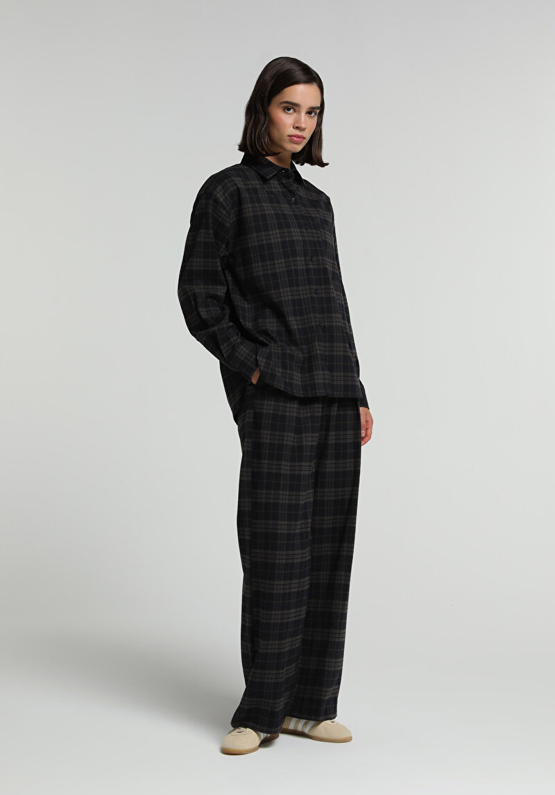 Boyfriend Fit Shirt Neck Ekoseli Kadın Antrasit Uzun Kol Gömlek
