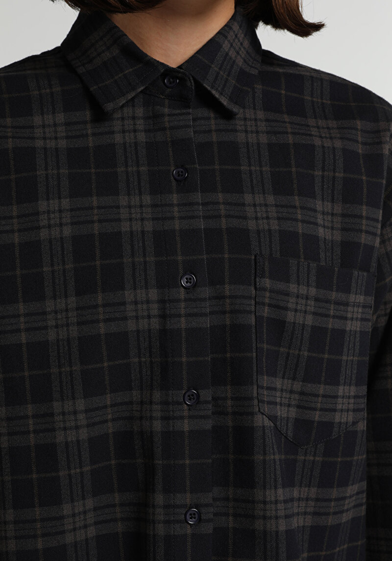 Boyfriend Fit Shirt Neck Ekoseli Kadın Antrasit Uzun Kol Gömlek