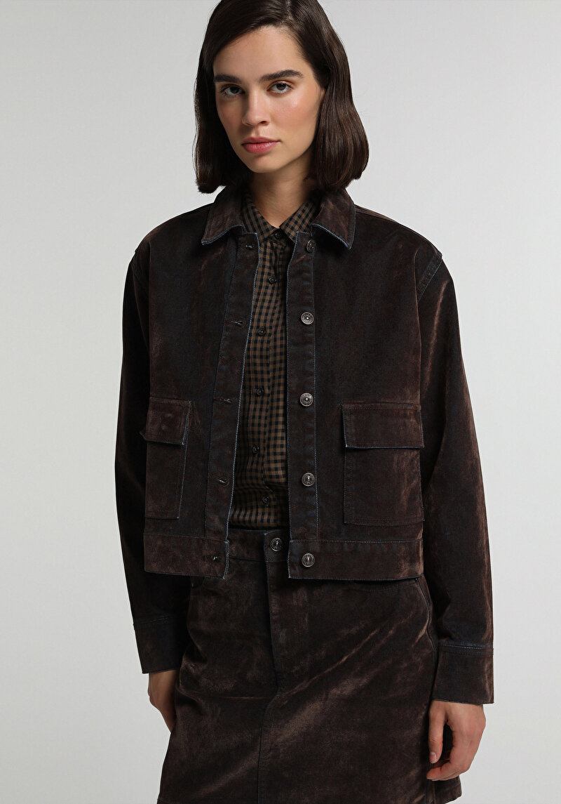 Regular Fit Düğmeli Astarsız  Kadın Over Dyed Denim Ceket