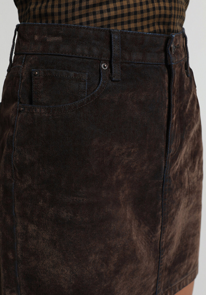 Slim Fit Düz Fermuarlı Kadın Over Dyed Denim Etek