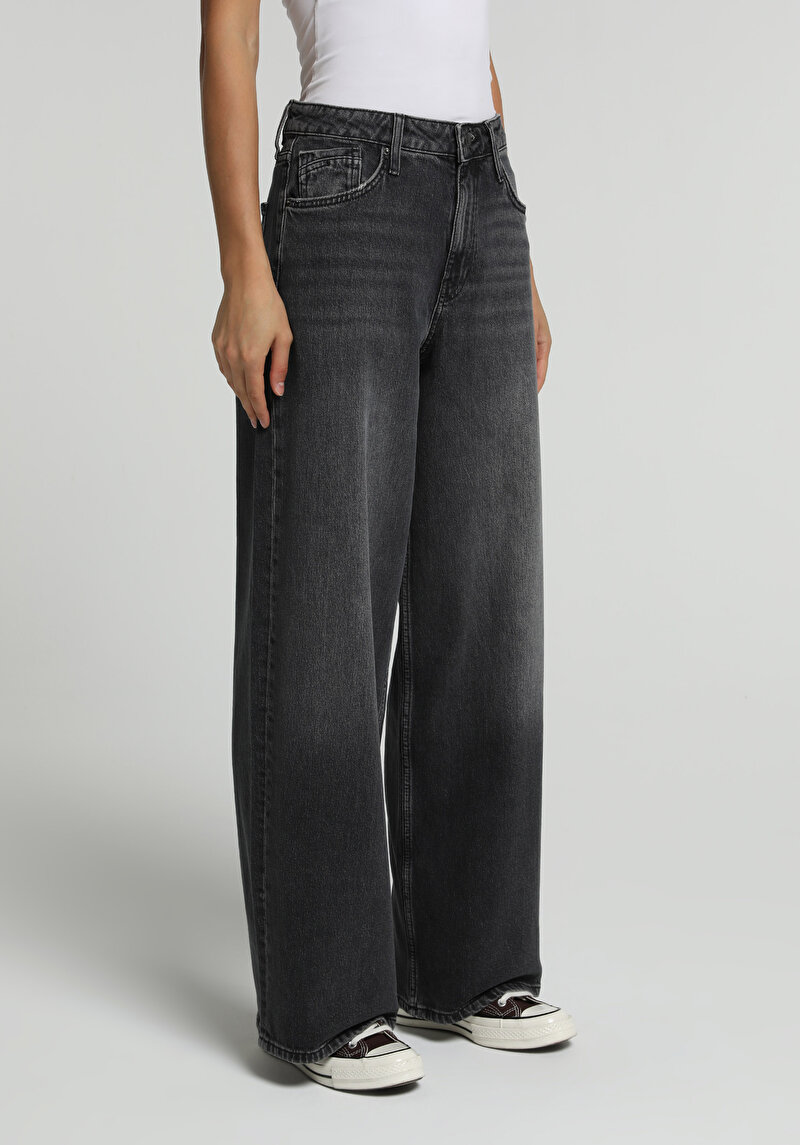 Baggy Wide Leg Fit Kadın Black Denim Jean Pantolon