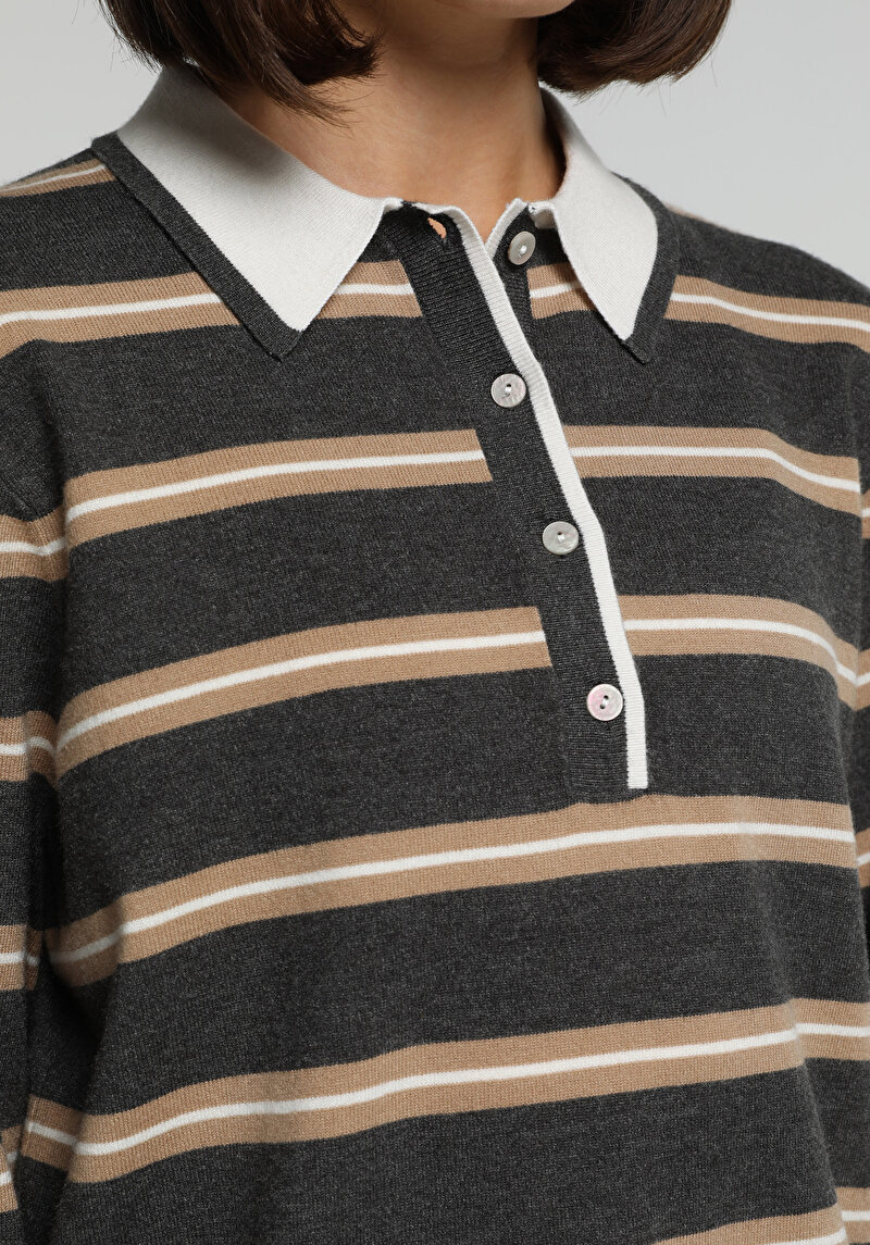 Regular Fit Polo Yaka Çizgili Kadın Çok Renkli Kazak