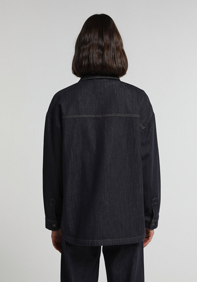 Şardonlu Oversize Fit Kadın Dark İndigo Denim Shacket