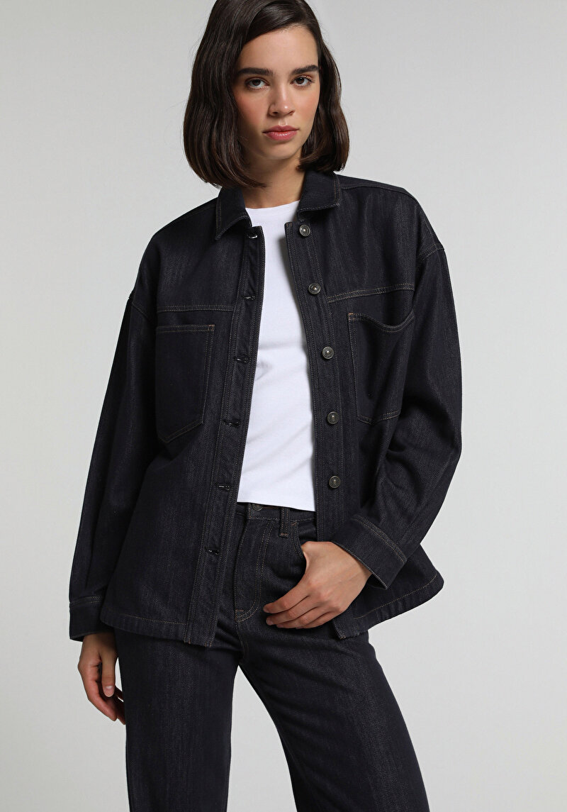 Şardonlu Oversize Fit Kadın Dark İndigo Denim Shacket