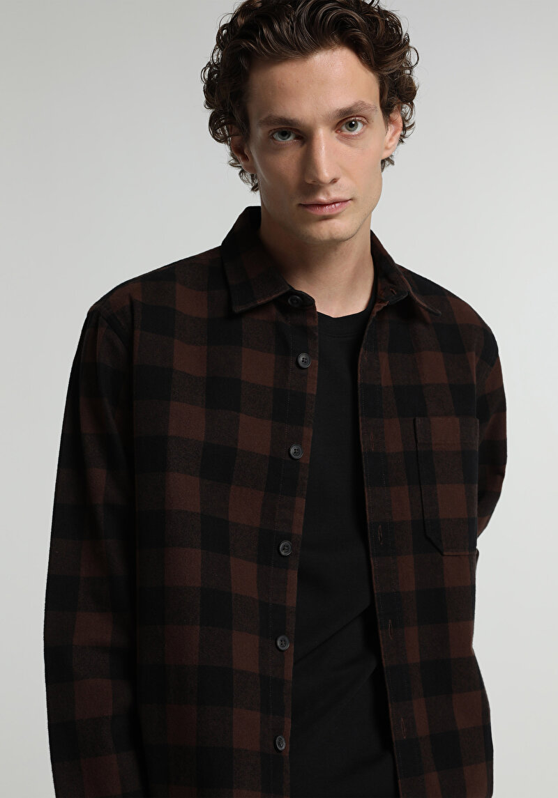 Relaxed Fit Shirt Neck Ekoseli Erkek Kahverengi Uzun Kol Gömlek