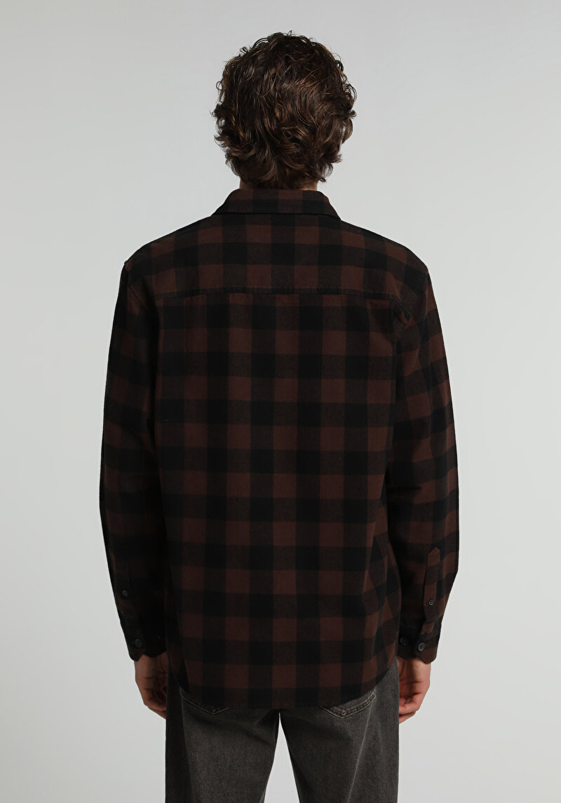 Relaxed Fit Shirt Neck Ekoseli Erkek Kahverengi Uzun Kol Gömlek