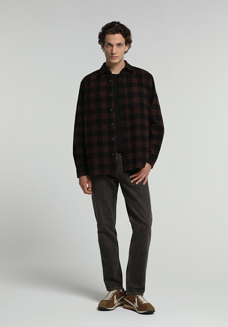 Relaxed Fit Shirt Neck Ekoseli Erkek Kahverengi Uzun Kol Gömlek