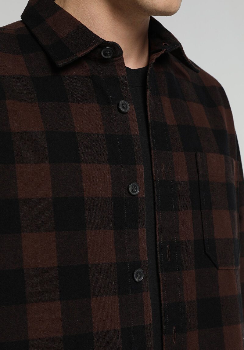 Relaxed Fit Shirt Neck Ekoseli Erkek Kahverengi Uzun Kol Gömlek