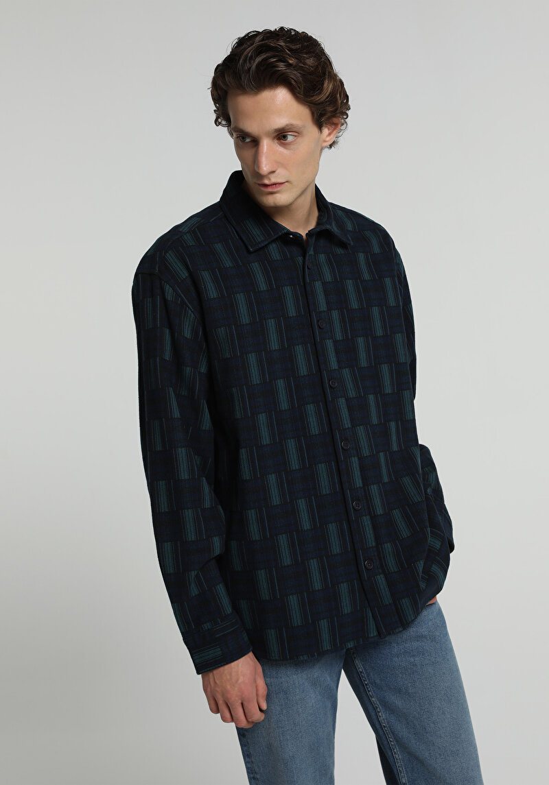 Oversize Fit Shirt Neck Ekoseli Erkek Yeşil Uzun Kol Gömlek