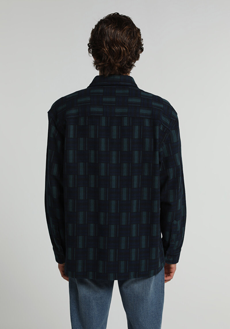 Oversize Fit Shirt Neck Ekoseli Erkek Yeşil Uzun Kol Gömlek