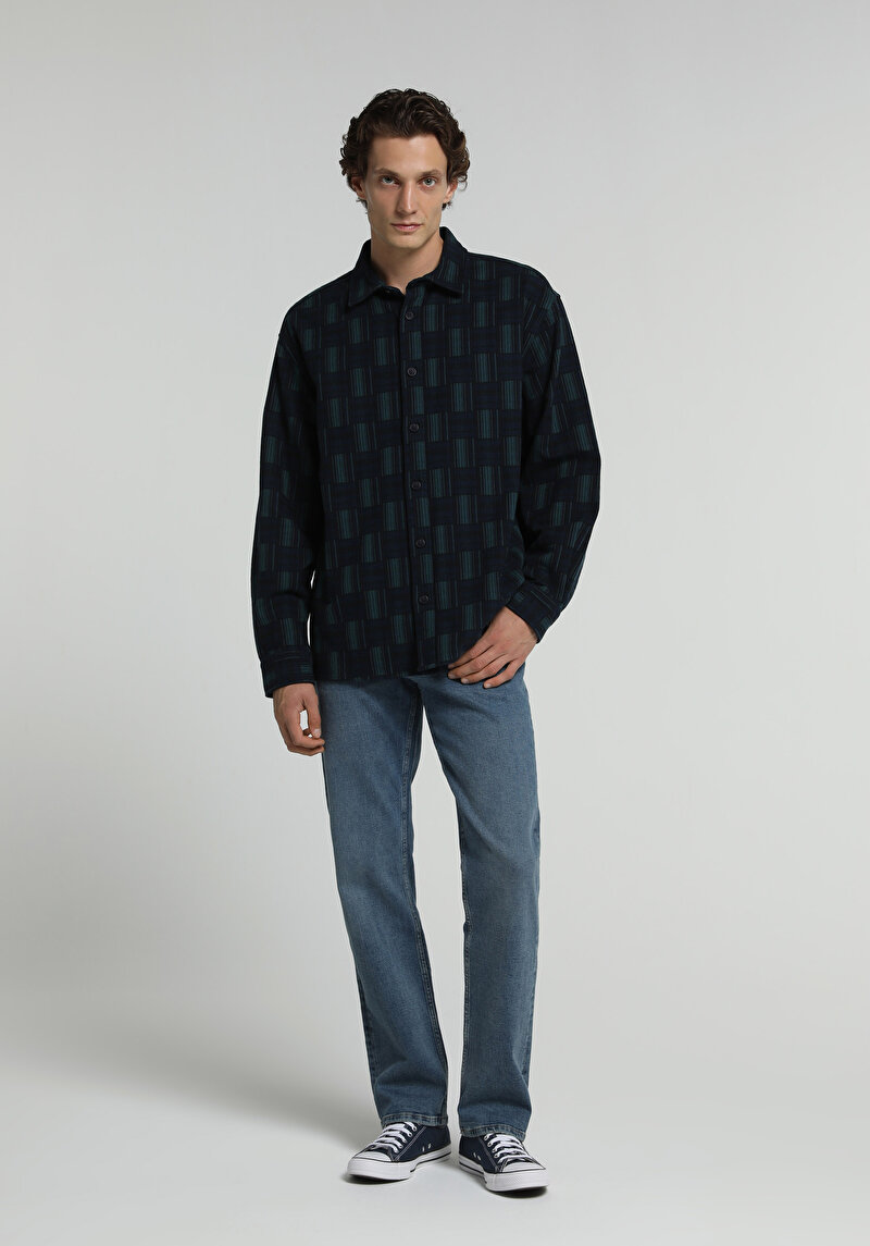 Oversize Fit Shirt Neck Ekoseli Erkek Yeşil Uzun Kol Gömlek