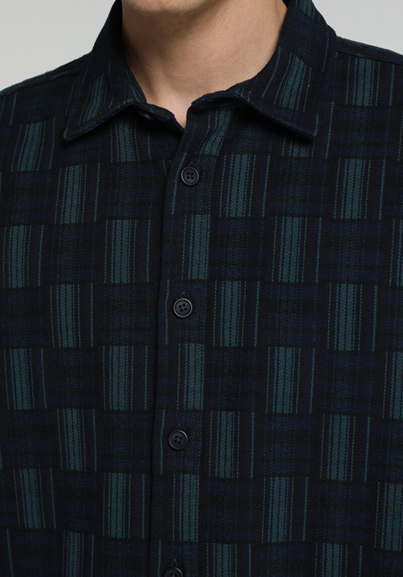 Oversize Fit Shirt Neck Ekoseli Erkek Yeşil Uzun Kol Gömlek