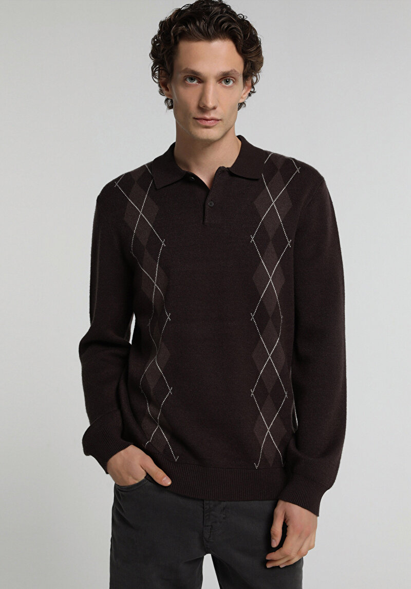 Regular Fit Polo Yaka Jakarlı Erkek Kahverengi Kazak