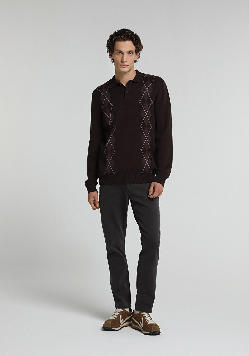 Regular Fit Polo Yaka Jakarlı Erkek Kahverengi Kazak