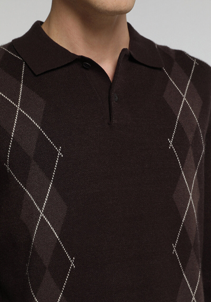 Regular Fit Polo Yaka Jakarlı Erkek Kahverengi Kazak