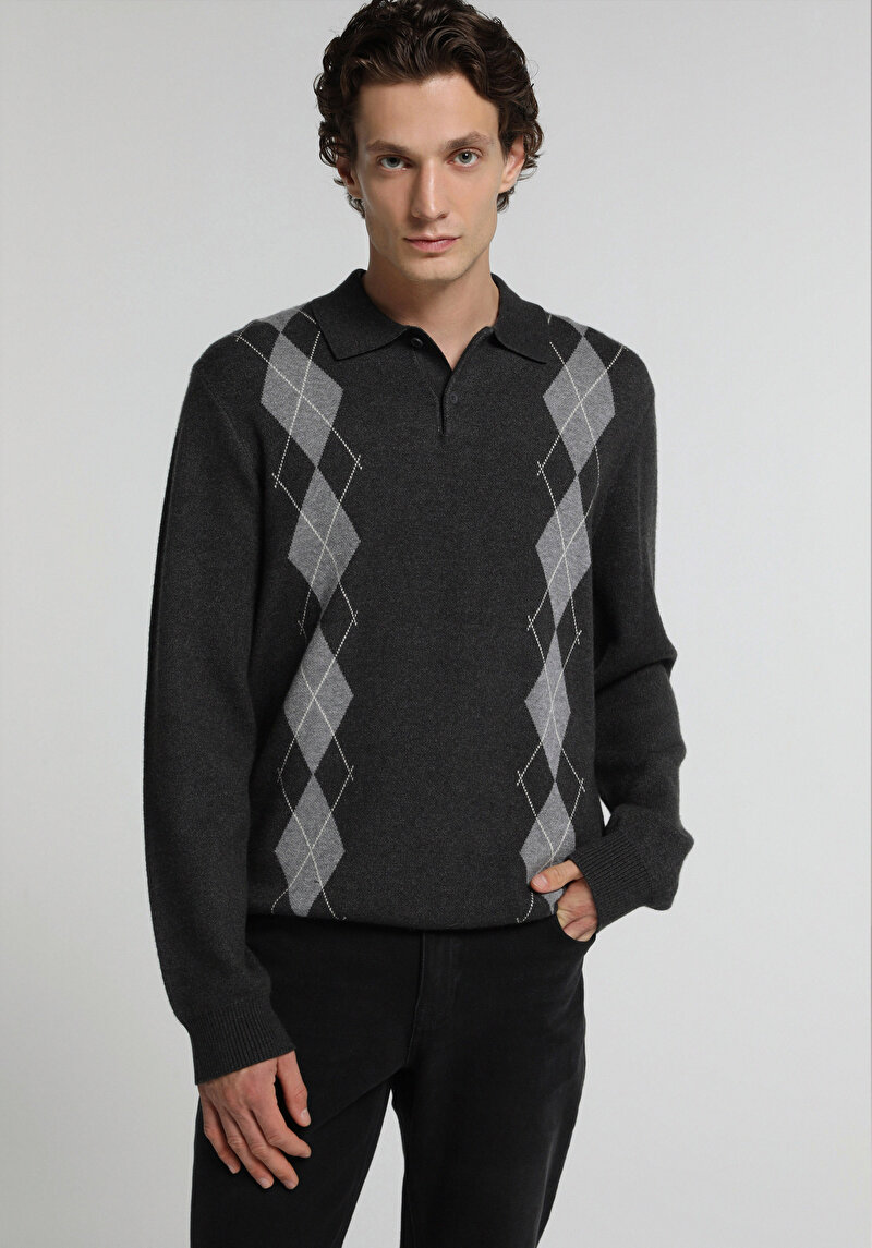 Regular Fit Polo Yaka Jakarlı Erkek Gri Kazak