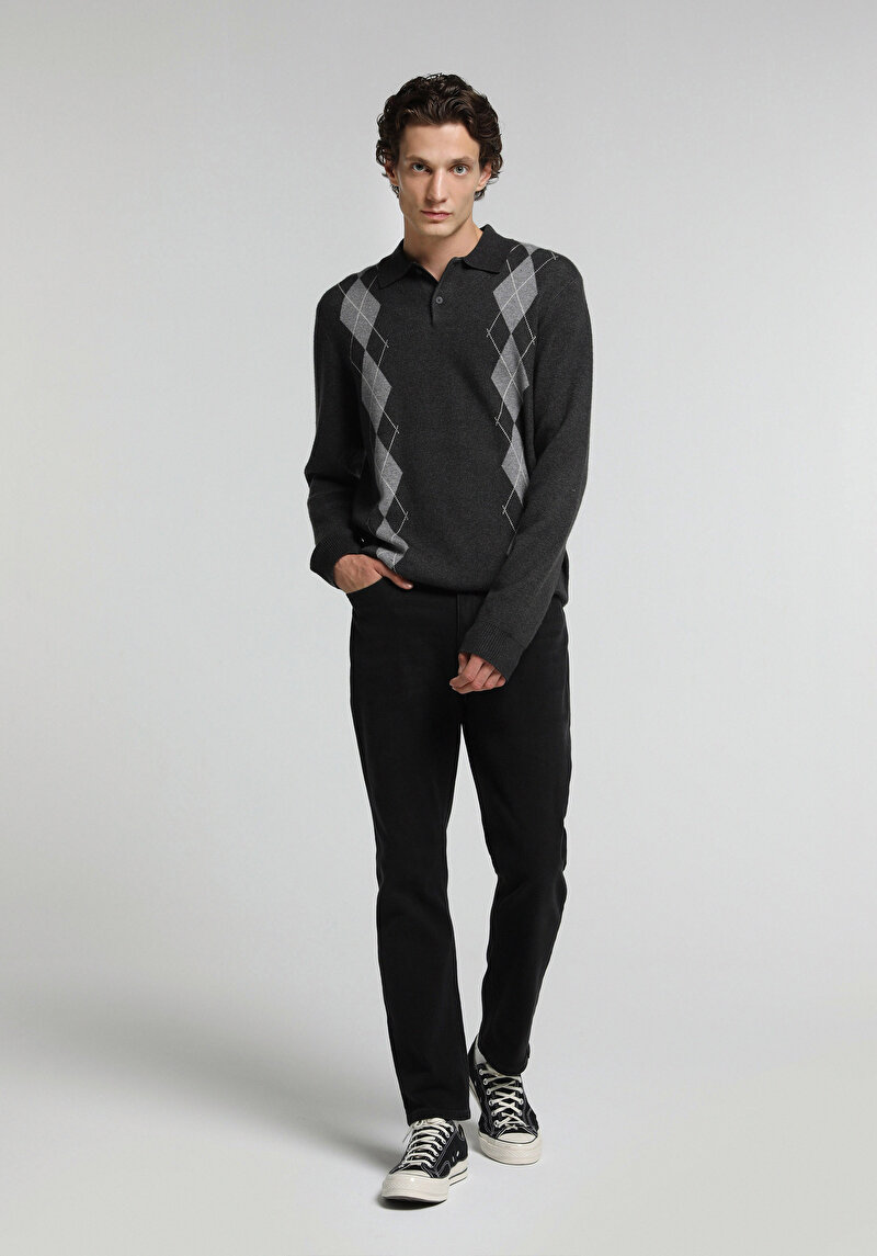 Regular Fit Polo Yaka Jakarlı Erkek Gri Kazak
