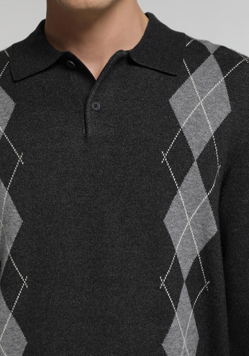 Regular Fit Polo Yaka Jakarlı Erkek Gri Kazak