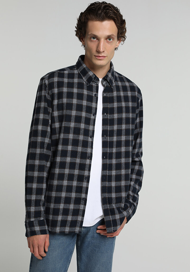 Regular Fit Shirt Neck Ekoseli Erkek Lacivert Uzun Kol Gömlek