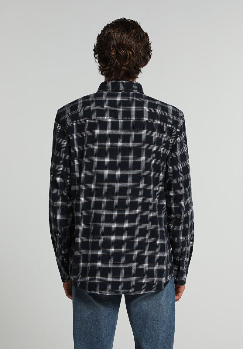 Regular Fit Shirt Neck Ekoseli Erkek Lacivert Uzun Kol Gömlek